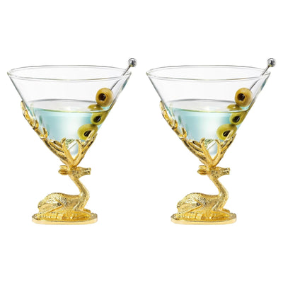 Stag Antler Cocktail Glasses Set of 2 Gold Deer Design Elegant Animal Inspired Barware - Themed Parties Rustic Decor Stag Lover Gifts or Unique Drinking Glasses Perfect for Cocktails and Entertaining