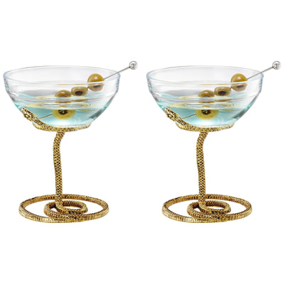 Snake Serpent Cocktail Glasses - 2 Set Gold Design Unique Reptile Inspired Barware - Themed Parties Gothic Décor Snake Lover Gifts or Spooky Drinking Glasses Perfect for Mixed Drinks and Entertaining