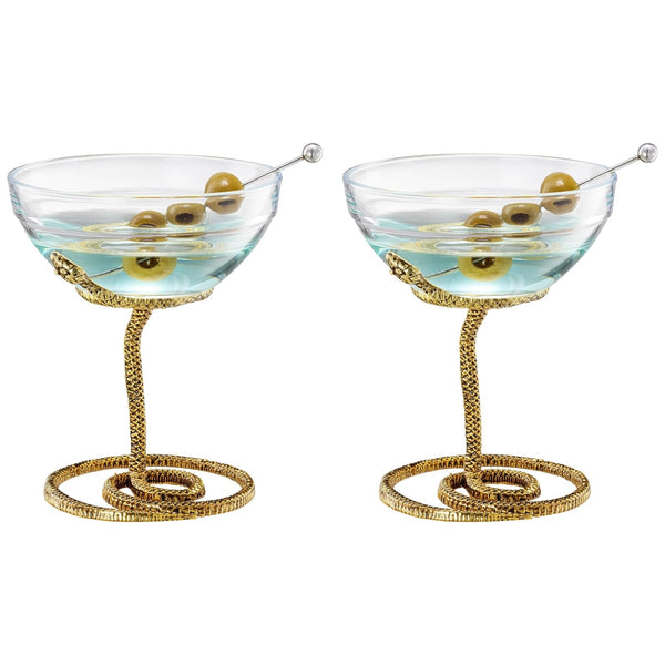 Snake Serpent Cocktail Glasses - 2 Set Gold Design Unique Reptile Inspired Barware - Themed Parties Gothic Décor Snake Lover Gifts or Spooky Drinking Glasses Perfect for Mixed Drinks and Entertaining