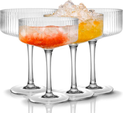 Khen Ribbed Coupe Glasses Set Crystal Bar Drinkware Vintage Style Cocktail Martini Champagne Glassware – 10oz Clear