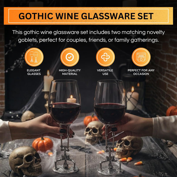 Skeleton Wine Glasses Set of 2 13oz – Gothic Skeletons Stem Goblets for Halloween Party, Horror Décor, or Barware – Spooky Skull Wine Glasses for Adults, Gothic Dining & Collectible Tableware Skull