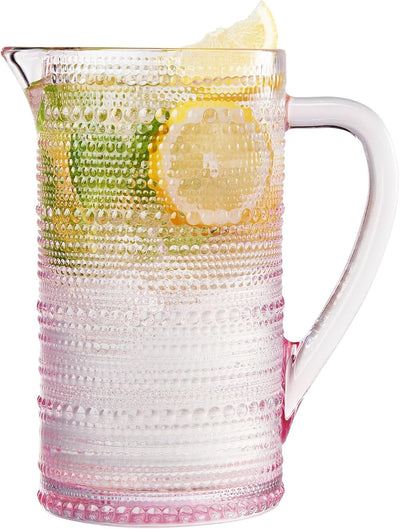 Khen Hobnail Pitcher, Vintage Style Textured Artisan Design Borosilicate Glass Beverage Server Drinkware - 7.8 Inch Pink
