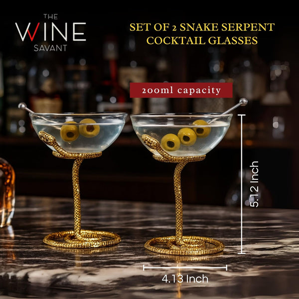 Snake Serpent Cocktail Glasses - 2 Set Gold Design Unique Reptile Inspired Barware - Themed Parties Gothic Décor Snake Lover Gifts or Spooky Drinking Glasses Perfect for Mixed Drinks and Entertaining