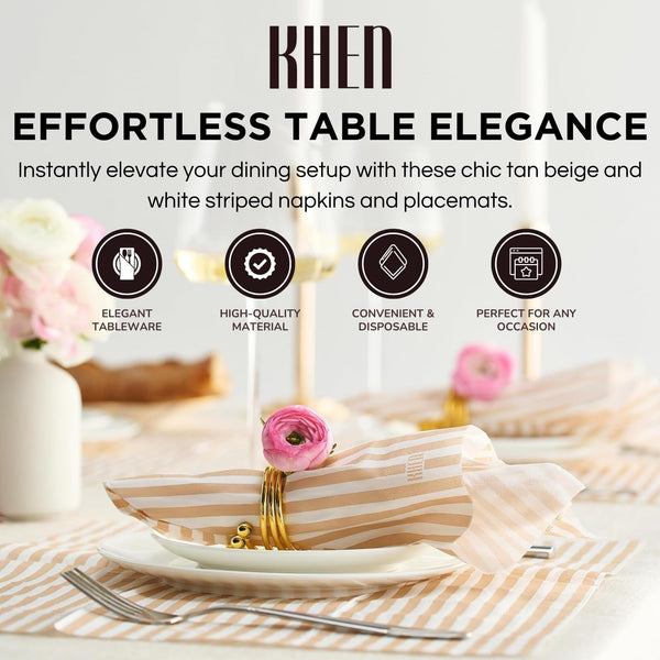 Striped Disposable Napkins & Placemats – 3-Ply Paper Tableware for Parties, BBQs, Picnics, Birthdays & Holiday Gatherings – Elegant & Absorbent Dinner Napkins with Matching Placemats - Beige Set of 50