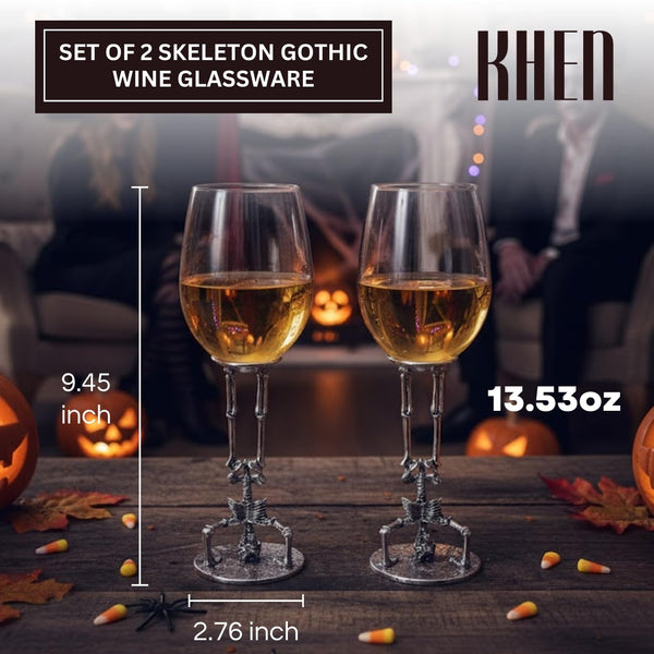 Skeleton Wine Glasses Set of 2 13oz – Gothic Skeletons Stem Goblets for Halloween Party, Horror Décor, or Barware – Spooky Skull Wine Glasses for Adults, Gothic Dining & Collectible Tableware Skull