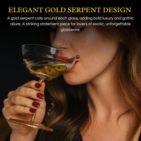 Snake Serpent Cocktail Glasses - 2 Set Gold Design Unique Reptile Inspired Barware - Themed Parties Gothic Décor Snake Lover Gifts or Spooky Drinking Glasses Perfect for Mixed Drinks and Entertaining