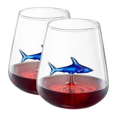 Handcrafted Stemless Shark Wine Glass - Personalized Set of 2 with 3D Sharks Inside - Red Wine Glasses - Unique Shark Lover Gifts - Ideal for Parties, Birthdays, Weddings - 10.05 oz Capacity (Blue)