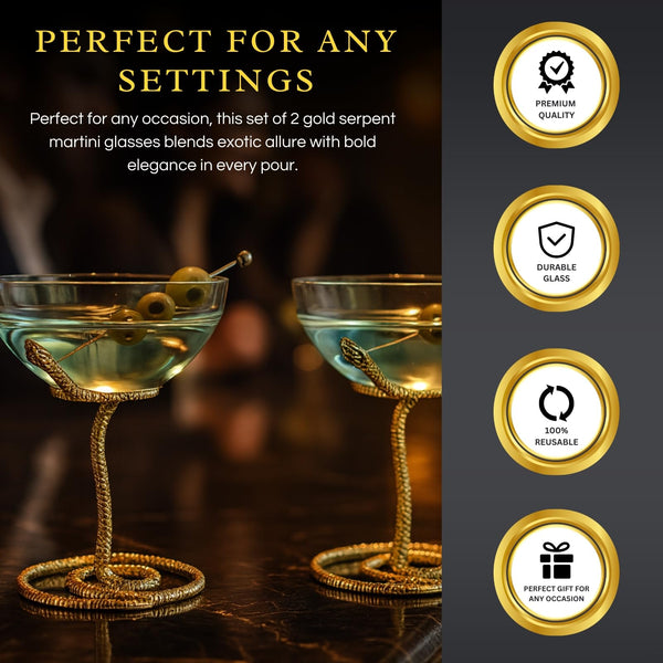 Snake Serpent Cocktail Glasses - 2 Set Gold Design Unique Reptile Inspired Barware - Themed Parties Gothic Décor Snake Lover Gifts or Spooky Drinking Glasses Perfect for Mixed Drinks and Entertaining