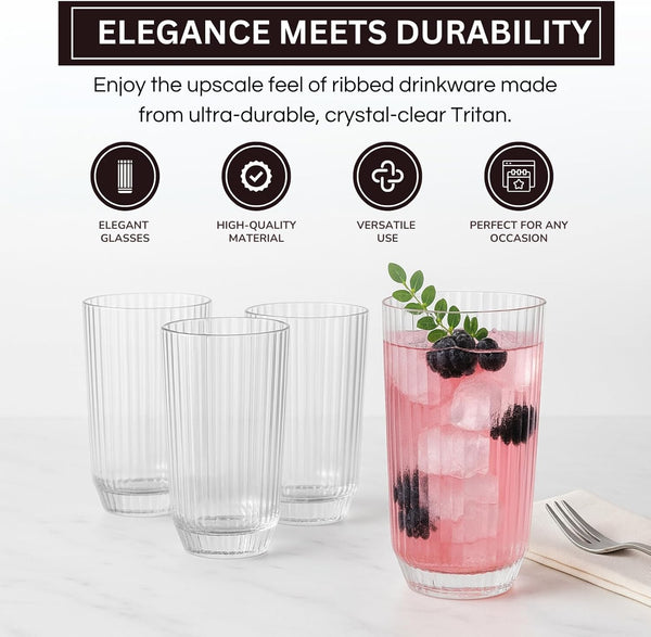 Khen Shatterproof Ribbed Drinking Glasses – Set of 4 Clear 12oz Tritan Tumblers, European Style Acrylic Drinkware – Durable, BPA-Free, Dishwasher Safe, Stackable & Unbreakable Plastic Cups