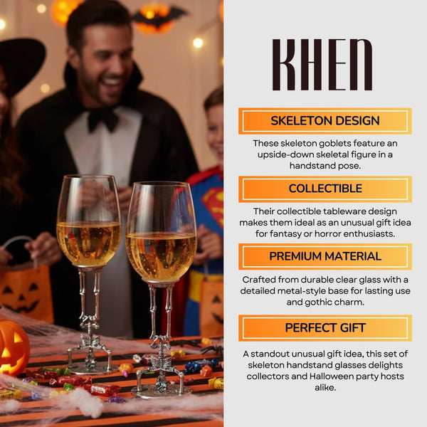 Skeleton Wine Glasses Set of 2 13oz – Gothic Skeletons Stem Goblets for Halloween Party, Horror Décor, or Barware – Spooky Skull Wine Glasses for Adults, Gothic Dining & Collectible Tableware Skull