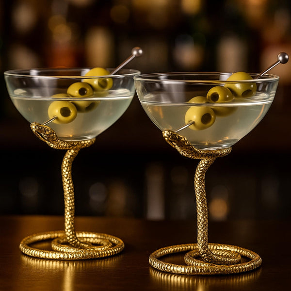 Snake Serpent Cocktail Glasses - 2 Set Gold Design Unique Reptile Inspired Barware - Themed Parties Gothic Décor Snake Lover Gifts or Spooky Drinking Glasses Perfect for Mixed Drinks and Entertaining