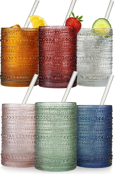 Khen Hobnail Drinking Glasses with Straws | Muted Colors | Set of 6