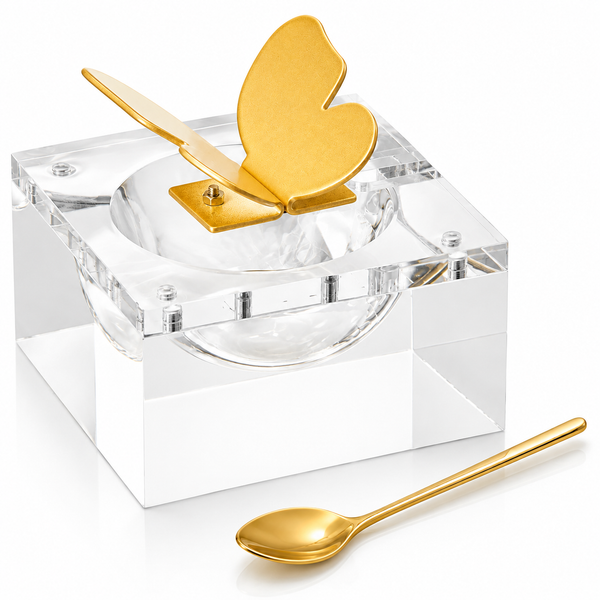 Butterfly Honey Dish with Gold Spoon | Clear Glass Sweet Dessert Bowl