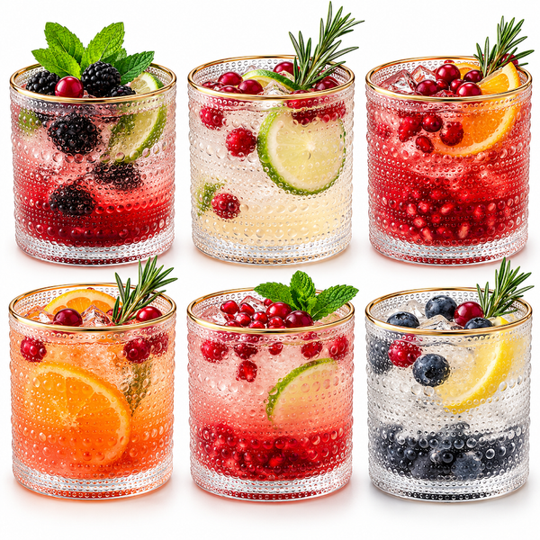 Clear Gold Rim Hobnail Glass Set, 6 Piece 10oz Transparent