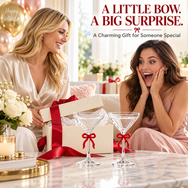 Clear Martini Glass with Red Bow on Stem, Set of 2
