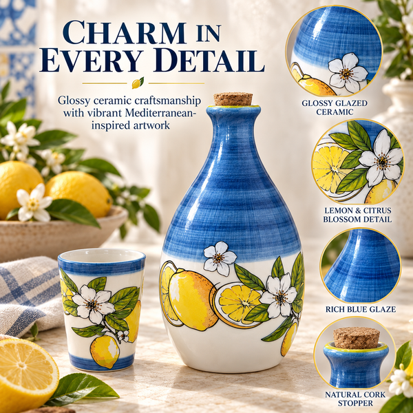 Limoncello Bottle With 4 Cups 24Oz Carafe 3 Oz Cups Ceramic Italian Barware