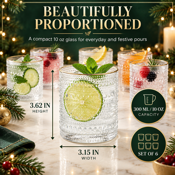 Clear Gold Rim Hobnail Glass Set, 6 Piece 10oz Transparent