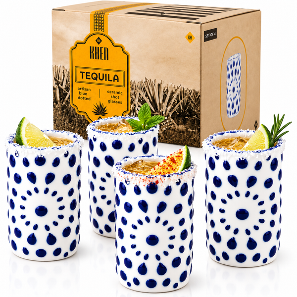 Khen Tequila Ceramic Shot Glasses, Set of 4 White and Blue Shooter Cups