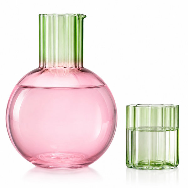 Colorful Carafe & Ribbed Flower Cup Set | 44oz Glasses