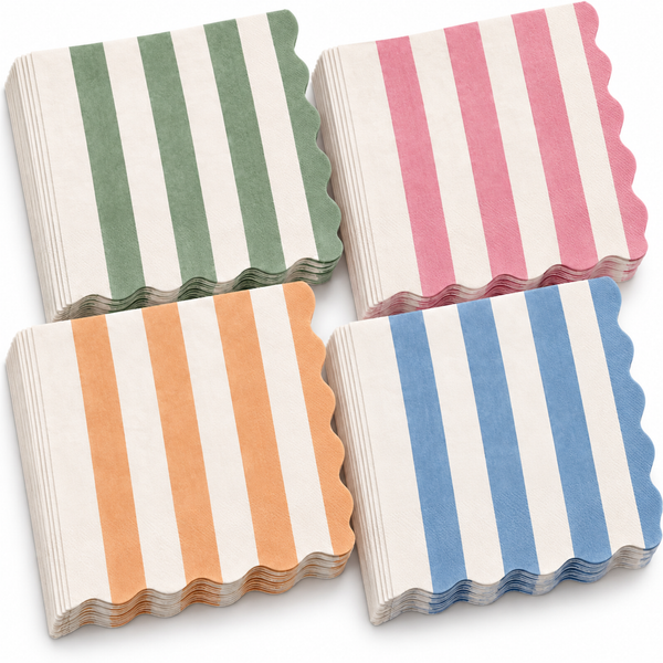 Mixed Scalloped Cotton Napkins, Cranberry Cloudy Blue Orange Green