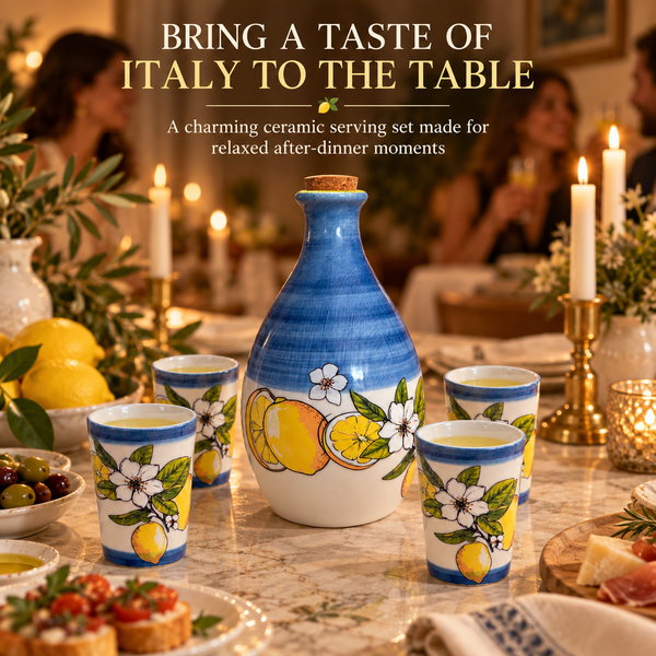 Limoncello Bottle With 4 Cups 24Oz Carafe 3 Oz Cups Ceramic Italian Barware