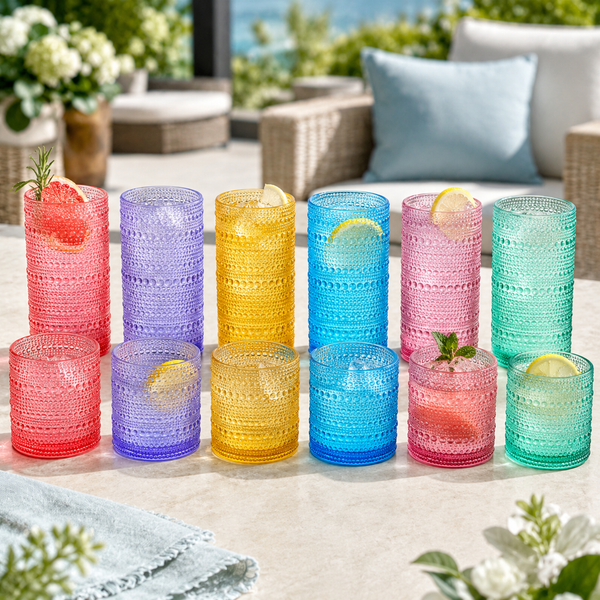 Madrid Acrylic Hobnail Lowball & Highball Glassware, Set of 12