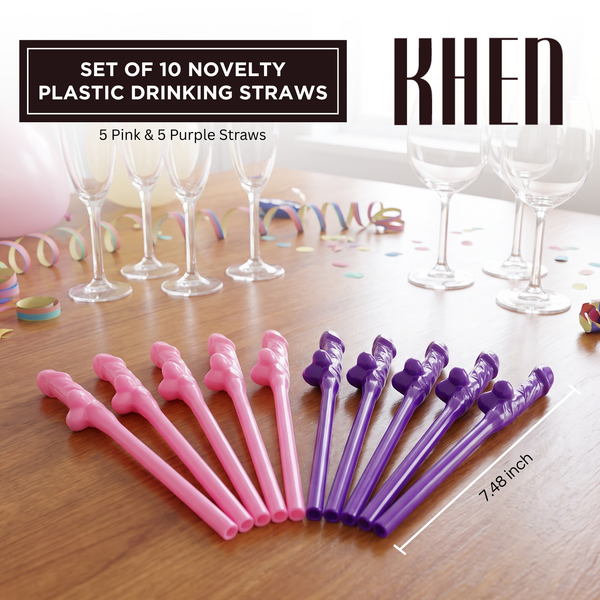 Novelty Party Straws Set of 10, Reusable Pink & Purple Plastic Straws