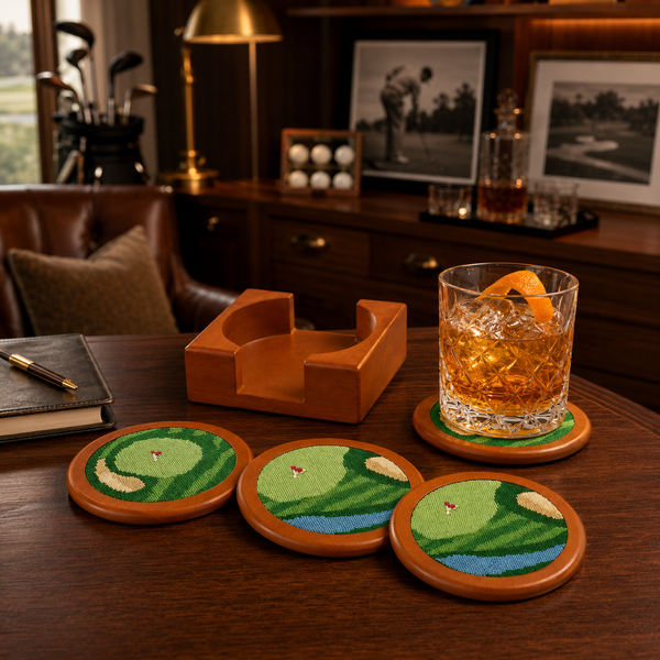 Golf Coasters, Durable Wooden Drink Coasters with Holder