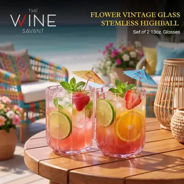 Pink Vintage Flower Stemless Highball Glasses Set of 2, 13 oz