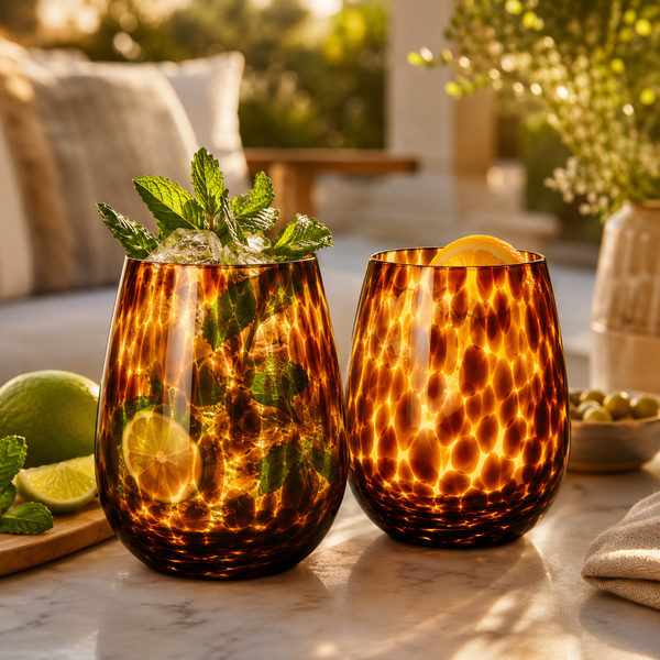 Leopard Print Amber Colored Stemless Wine Glass |  Set of 2