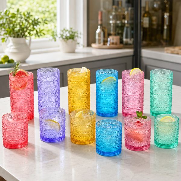 Madrid Acrylic Hobnail Lowball & Highball Glassware, Set of 12