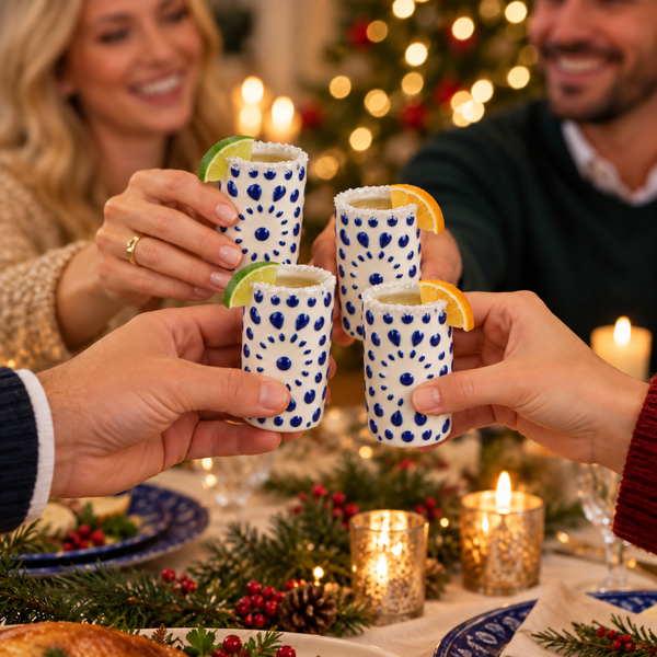 Khen Tequila Ceramic Shot Glasses, Set of 4 White and Blue Shooter Cups