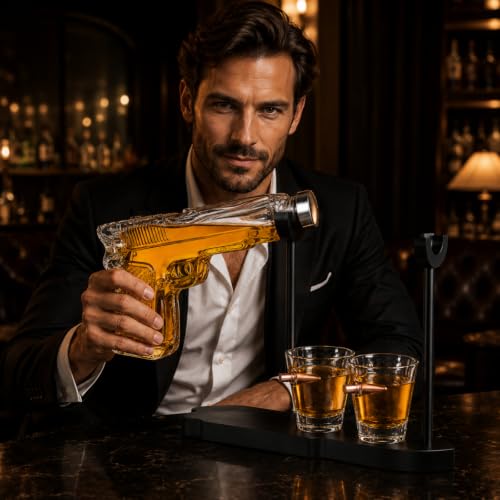 Whiskey Gun Decanter Set + 2 Bullet Glasses - Christmas Birthday Pistol Gifts for Men