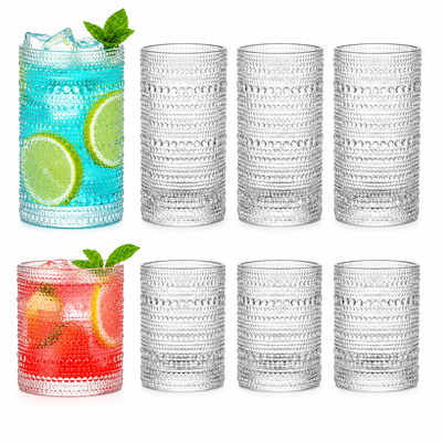 Vintage Hobnail Drinking Glasses Set of 8, 12 oz Highball Glasses & 10 oz Cocktail Glasses Set