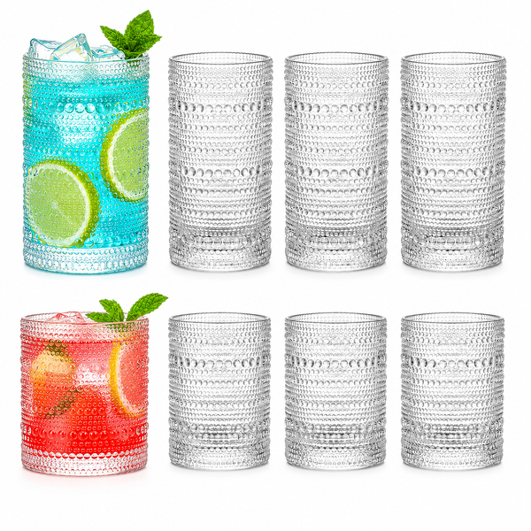 Vintage Hobnail Drinking Glasses Set of 8, 12 oz Highball Glasses & 10 oz Cocktail Glasses Set