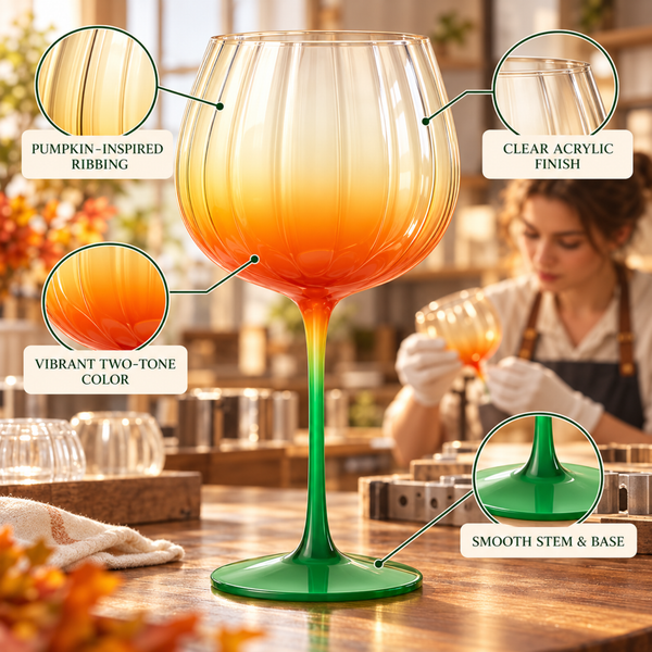 Khen Pumpkin Wine Glasses Fall Inspired Lightweight - Set of 2 Orange & Green