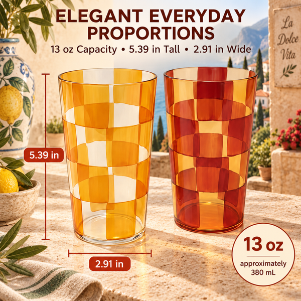 Amalfi Italian Checkered Tumblers 2 Piece Set 13oz Orange & Cream