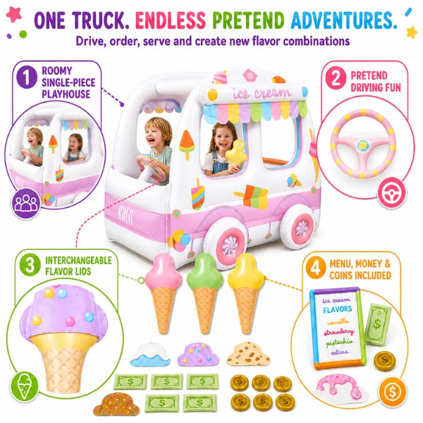 Inflatable Ice Cream Truck Playhouse, Large Shop Vehicle Playset for Kids