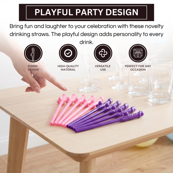 Novelty Party Straws Set of 10, Reusable Pink & Purple Plastic Straws