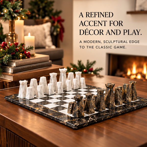 Marble Chess Set, 16.92 x 16.53 Inch Black and White Stone