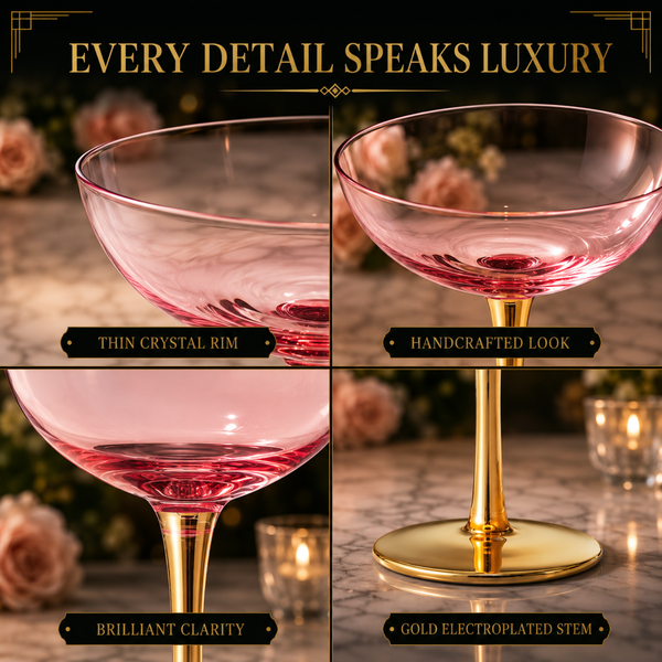 Deco Champagne Coupe Cocktail Glassware, Pink, Set of 2
