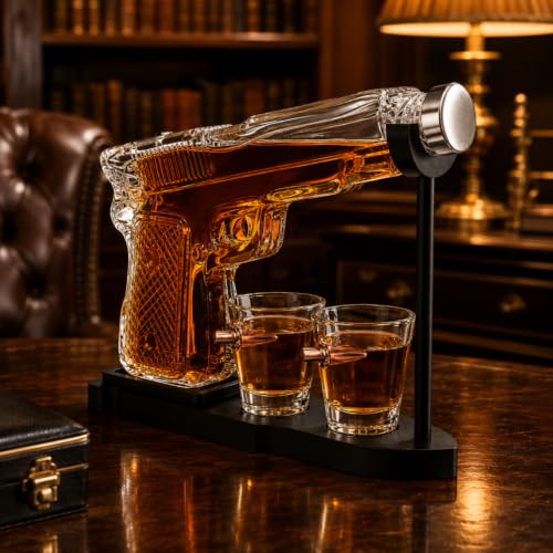 Whiskey Gun Decanter Set + 2 Bullet Glasses - Christmas Birthday Pistol Gifts for Men