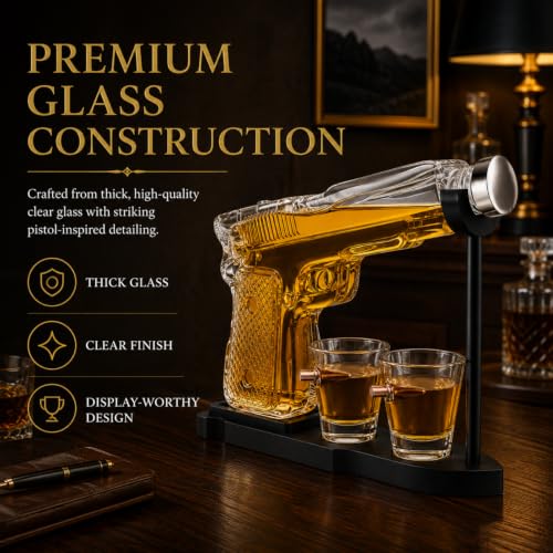 Whiskey Gun Decanter Set + 2 Bullet Glasses - Christmas Birthday Pistol Gifts for Men