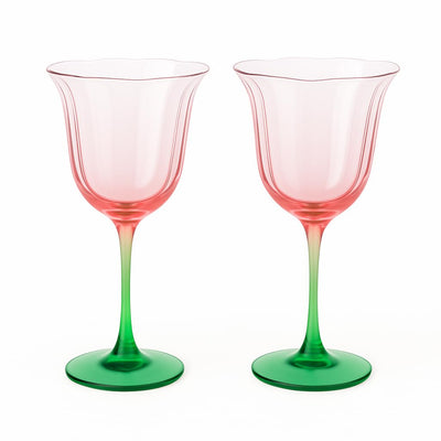 Khen Blossom Pink Tulip Wine Glasses Set of 2, Hand Blown Colored Crystal Cocktail Glasses Featuring Blush Pink & Green Flower Inspired Design Elegant Drinkware for Entertaining Spring Decor & Gifting