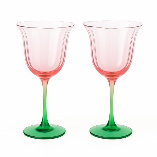 Khen Blossom Pink Tulip Wine Glasses Set of 2, Hand Blown Colored Crys
