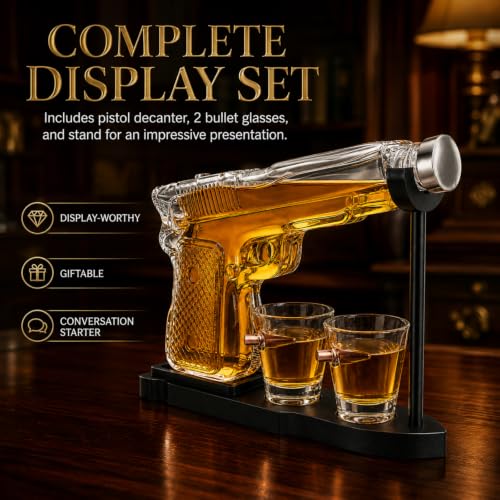Whiskey Gun Decanter Set + 2 Bullet Glasses - Christmas Birthday Pistol Gifts for Men