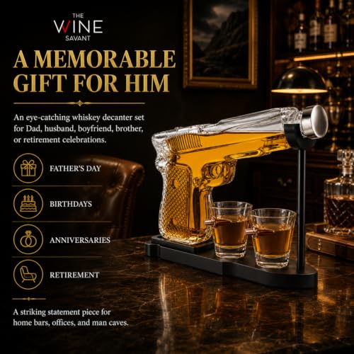 Whiskey Gun Decanter Set + 2 Bullet Glasses - Christmas Birthday Pistol Gifts for Men
