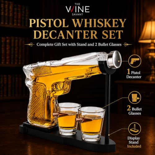 Whiskey Gun Decanter Set + 2 Bullet Glasses - Christmas Birthday Pistol Gifts for Men