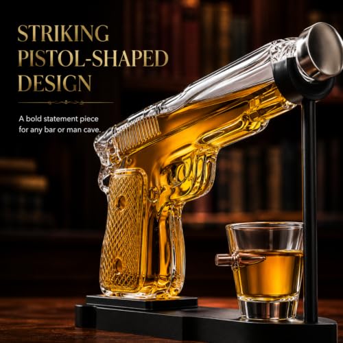 Whiskey Gun Decanter Set + 2 Bullet Glasses - Christmas Birthday Pistol Gifts for Men
