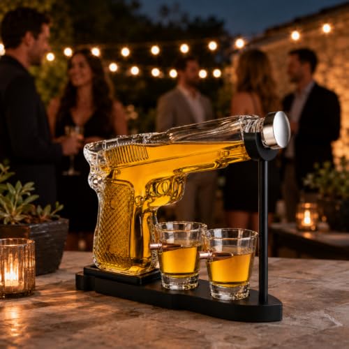 Whiskey Gun Decanter Set + 2 Bullet Glasses - Christmas Birthday Pistol Gifts for Men